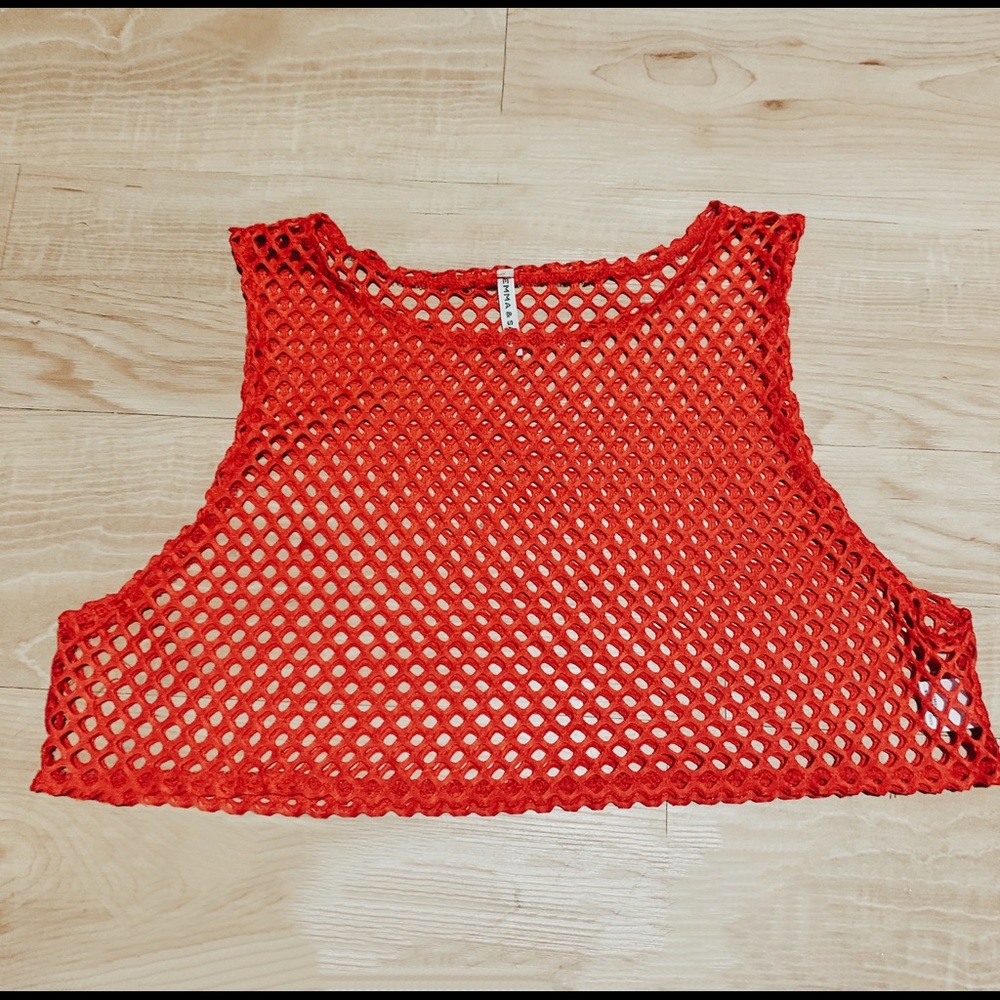 LF Emma and Sam Red Cropped Fishnet Top